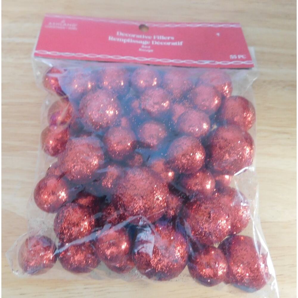 Ornamnet Balls Decorative Filler Mini Red Glitter 55 Pieces New in Bag Ashland